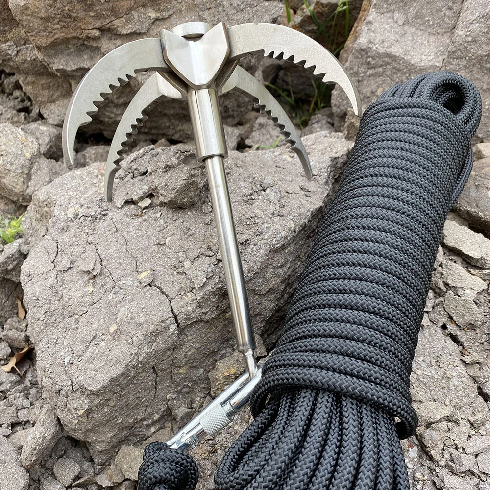 Yuemai Foldable 4 Claws Stainless Steel Climbing Grappling Hook with 65FT 8mm Auxiliary Rope Carabiner for Outdoor Activities