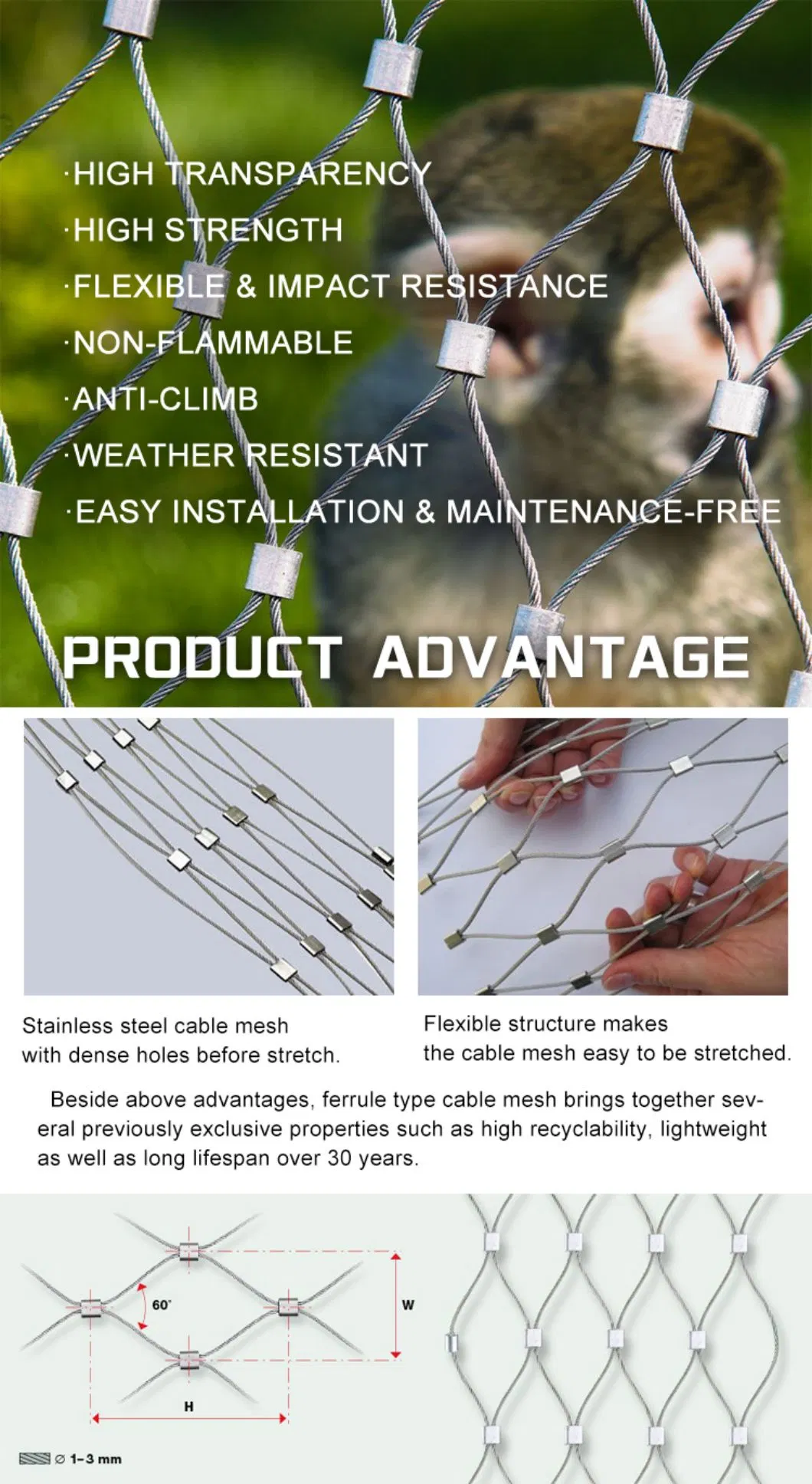 Architectural Stainless Steel Flexible Cable Wire Rope Mesh Net Aviary Mesh Zoo Mesh Fence
