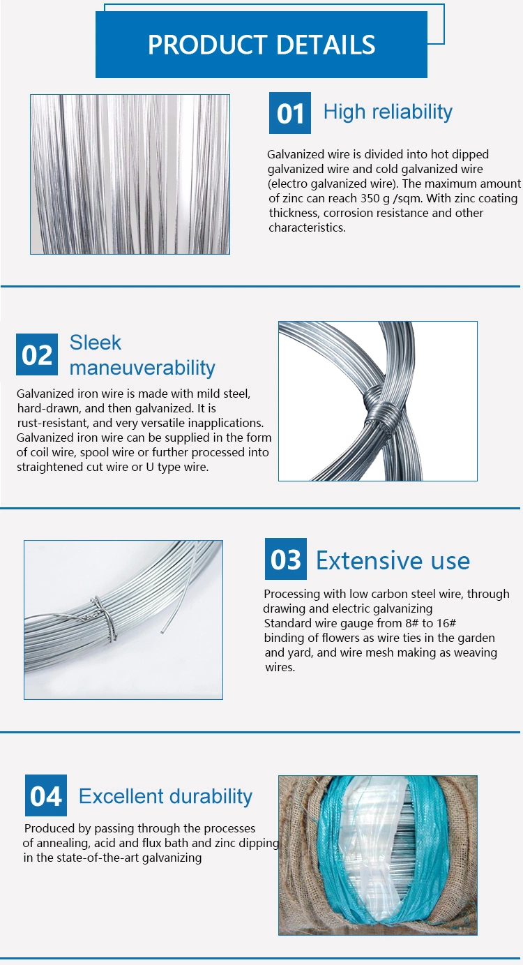 AWG8 to 26 Galvanized Gi Wire Hot Dipped Fastener Wire Rope 1.8 mm Galvanized Wire Zinc Coated Electro Iron Steel Wire