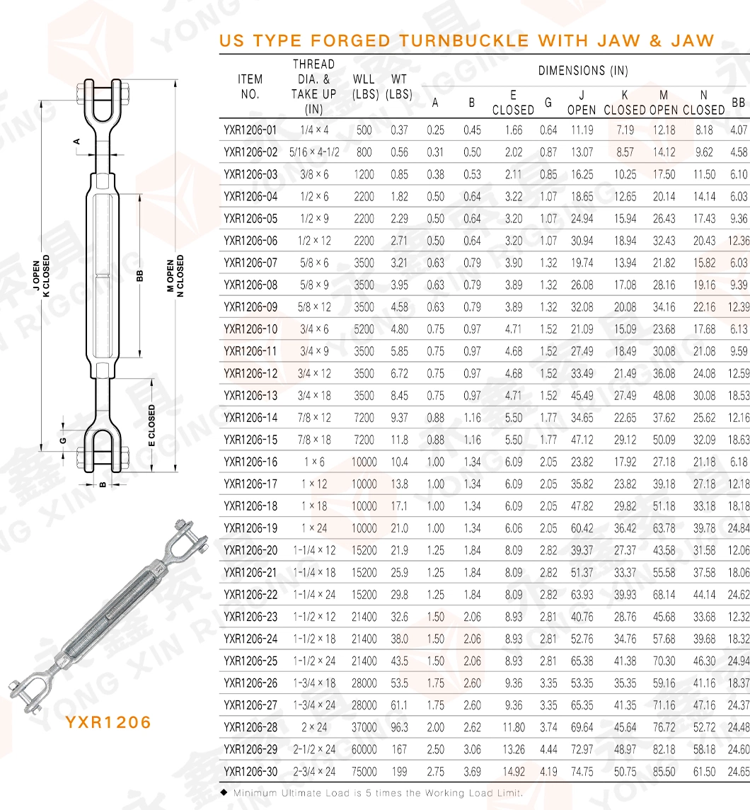 Wire Rope Fittings Marine Hardware High Strength Safety Us Type Hot DIP Galvanized Carbon Steel Drop Forged Jaw &amp; Jaw Turnbuckle