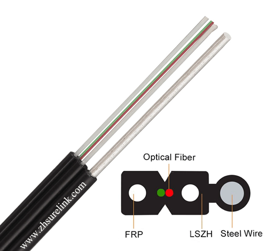 Outdoor Self Supporting 2 Core FRP FTTH Flat Drop Cable FTTH Optic Fiber Cable with Steel Wire Single Mode FTTH Cable