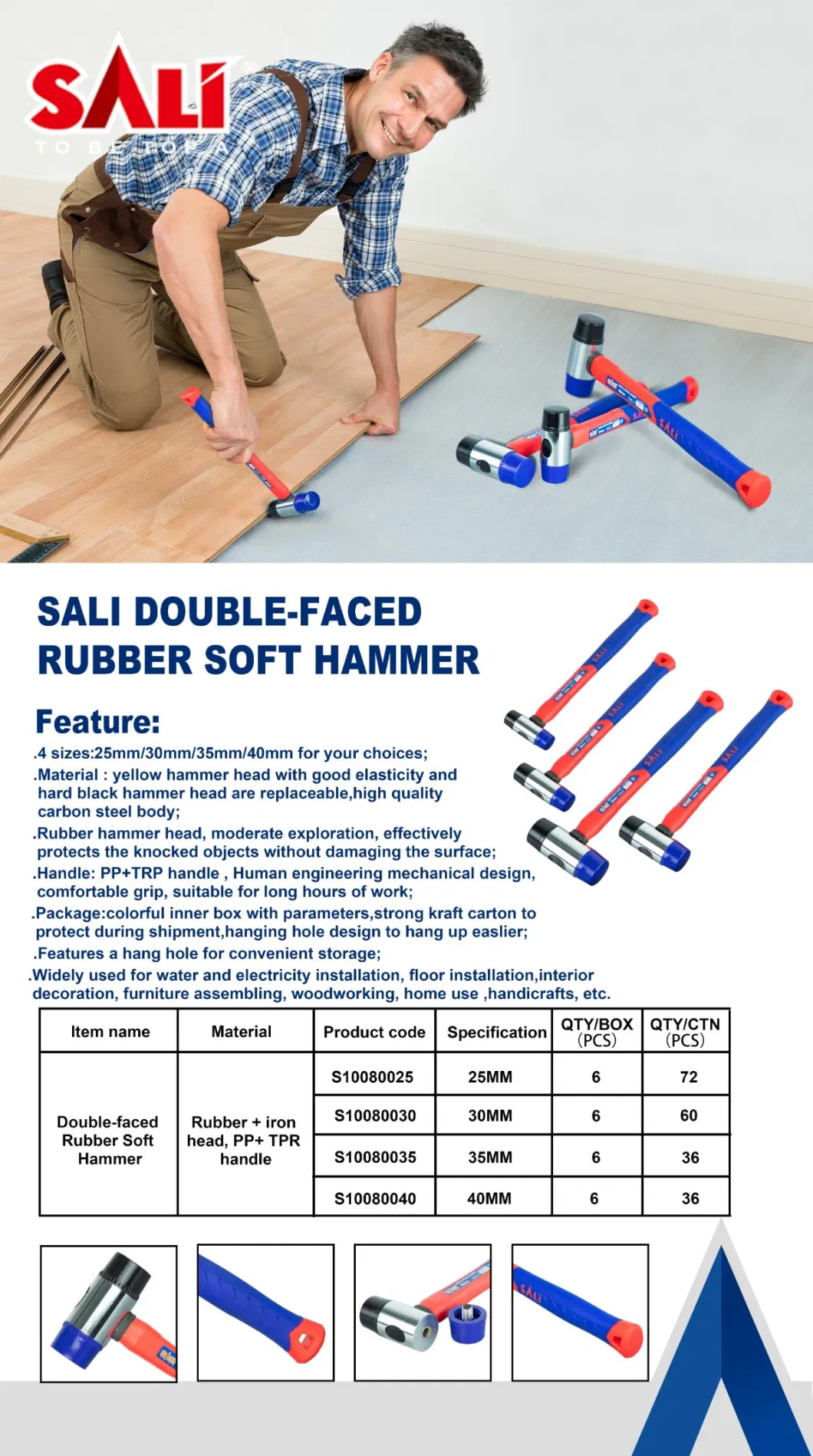 Sali S10080030 30mm Iron Head Double-Faced Rubber Soft Hammer
