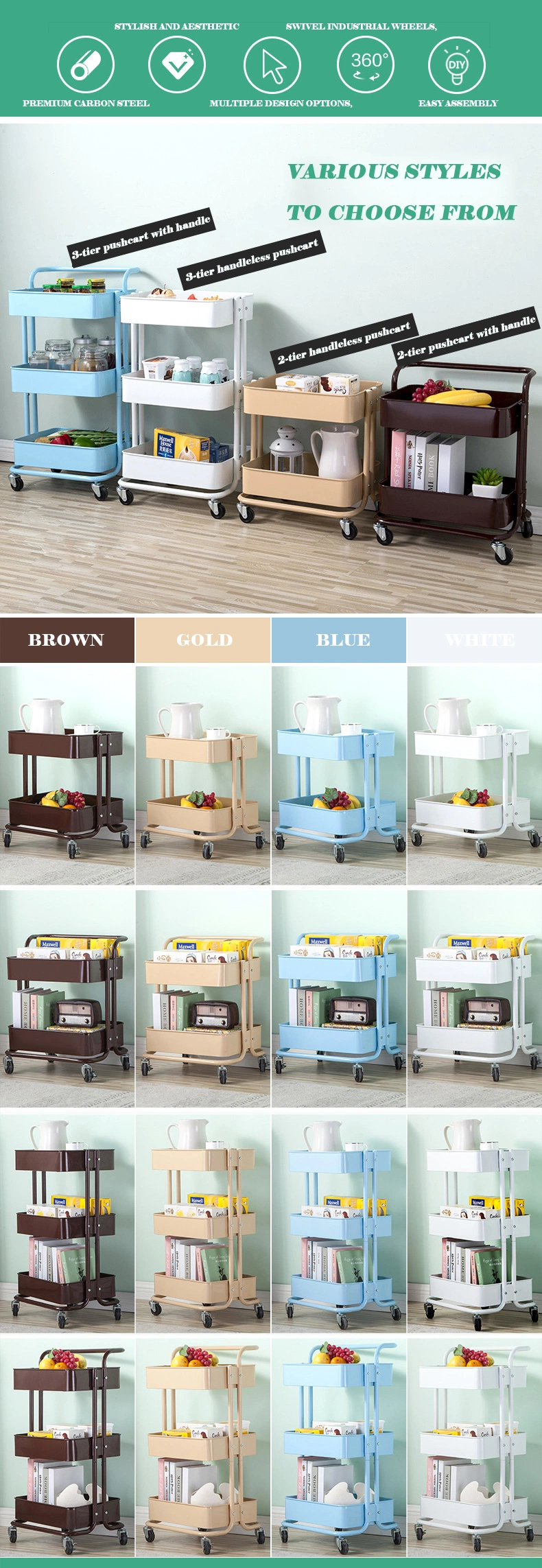 High Quality Removable Household Kitchen Trolley Plastic Slim Storage Stackable Wire Cart with Wheels and Handle