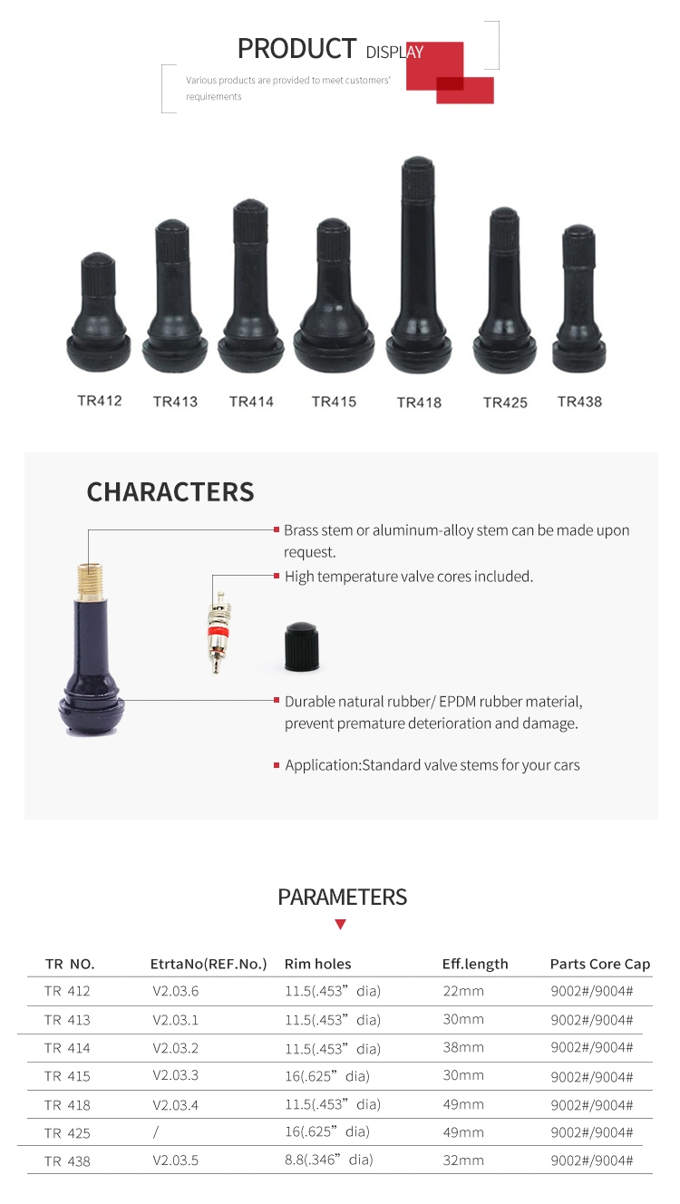 Manufacture of Car/Auto Accessory Snap in Tubeless Rubber Tr412/Tr413/Tr414 /Tr418 Tire Valve