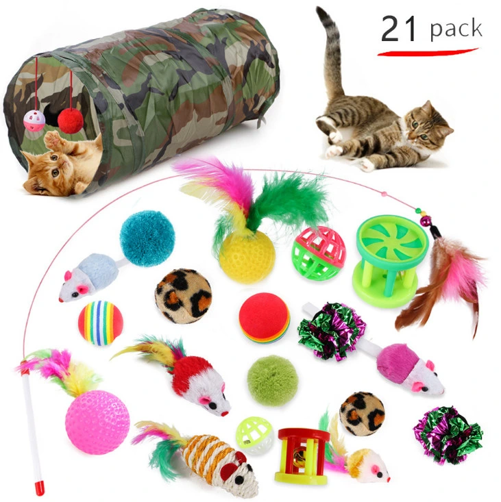 2022 21PCS Cat Toys Interactive Kitten Toys Assortments Tunnel Balls Fish Feather Teaser Wand Mice