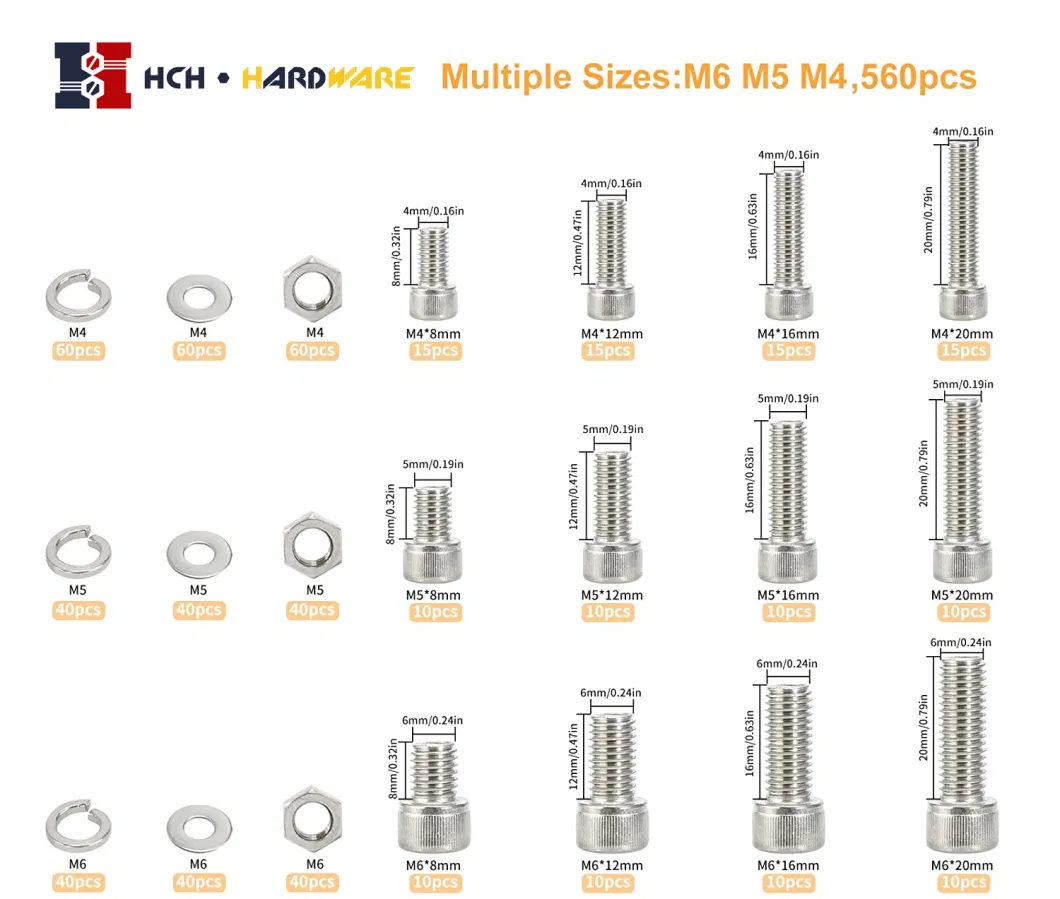 M4 M5 M6 Grade 8.8 Hardware Hexagon Socket Bolt and Nuts Washer Assortment Kit 480 Pieces