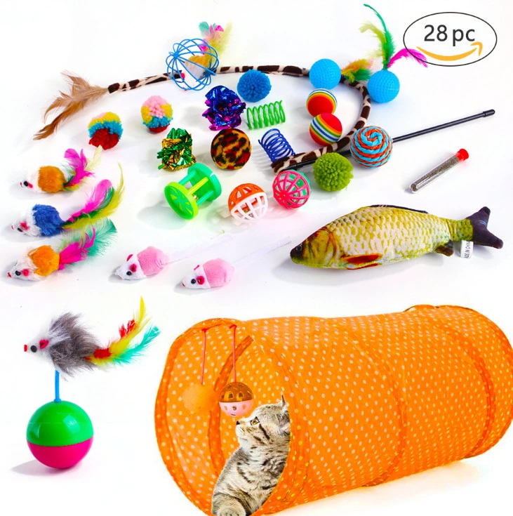 2022 21PCS Cat Toys Interactive Kitten Toys Assortments Tunnel Balls Fish Feather Teaser Wand Mice
