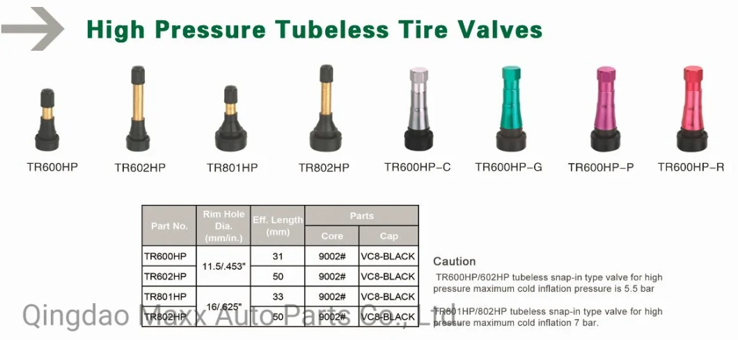 High Pressure Tubeless Tire Valves