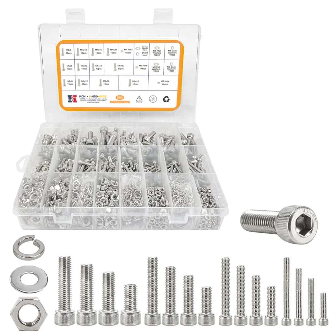 M4 M5 M6 Grade 8.8 Hardware Hexagon Socket Bolt and Nuts Washer Assortment Kit 480 Pieces