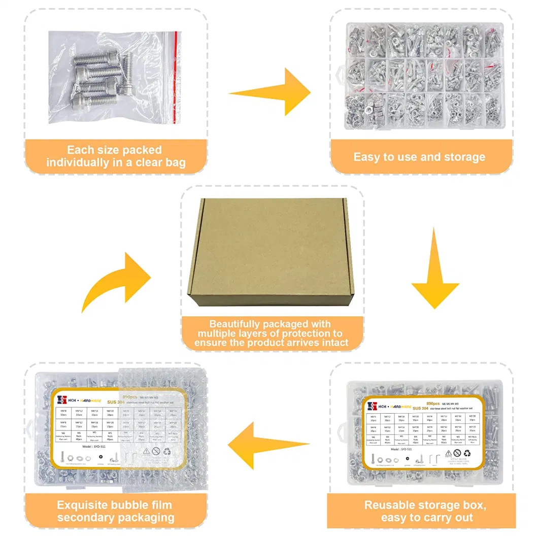 M4 M5 M6 Grade 8.8 Hardware Hexagon Socket Bolt and Nuts Washer Assortment Kit 480 Pieces