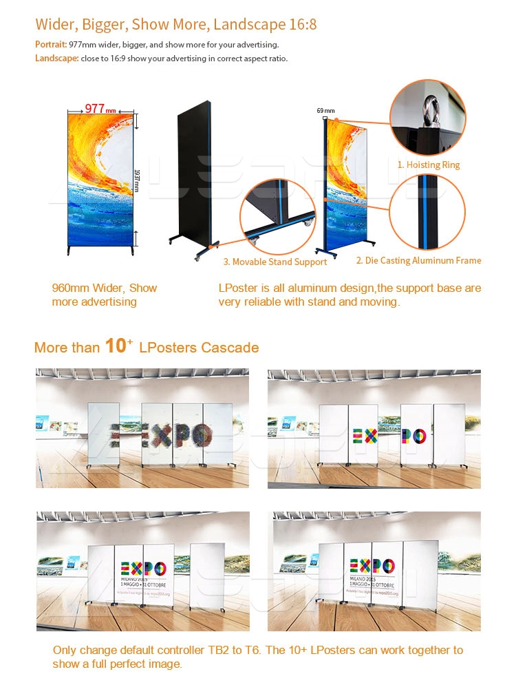 Ultra Slim Indoor P2 Portable Advertising LED Display Digital Poster with Wheel Support