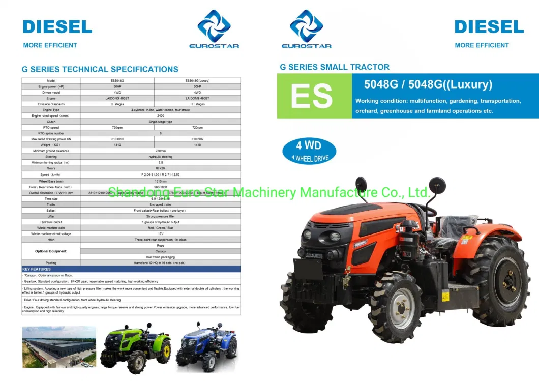 4WD 50HP Orchard Tractor Small Four Wheel Farm Tractor Garden Tractor Walking Tractor Mini Tractor for Agricultural Machinery Machine Es5048g CE