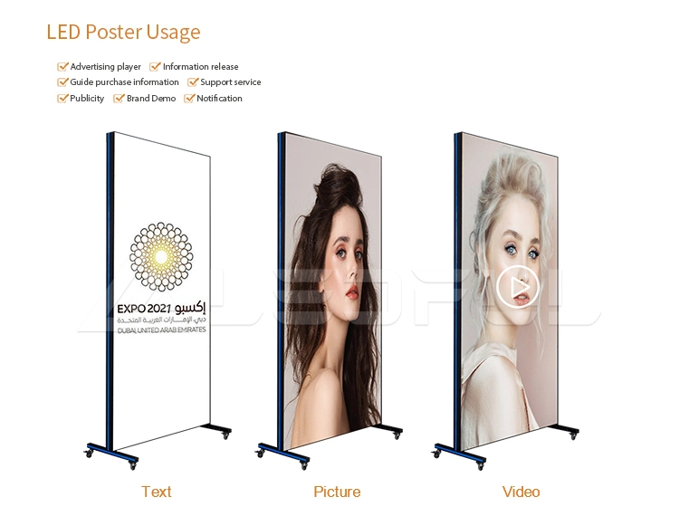 Ultra Slim Indoor P2 Portable Advertising LED Display Digital Poster with Wheel Support