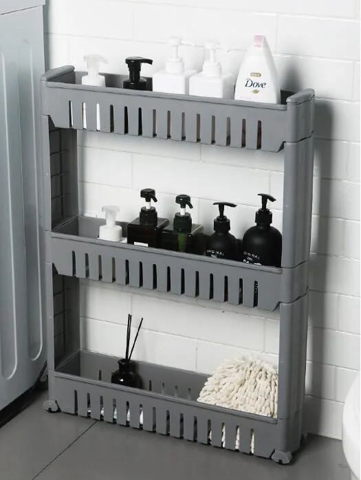 3 Tier Plastic Rolling Slim Laundry Cart Bathroom Shelves Organizer with Wheels for Bathroom Laundry Pantry