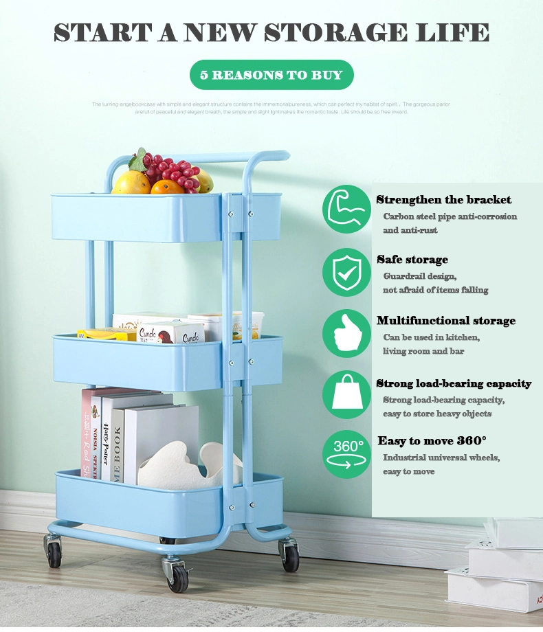 High Quality Removable Household Kitchen Trolley Plastic Slim Storage Stackable Wire Cart with Wheels and Handle