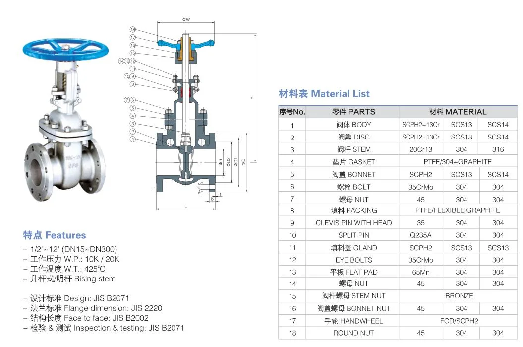 Industrial Valve Gate Valve JIS B2071 JIS 10K/20K Rising Stem Stainless Steel CF8/CF8m/Wcb