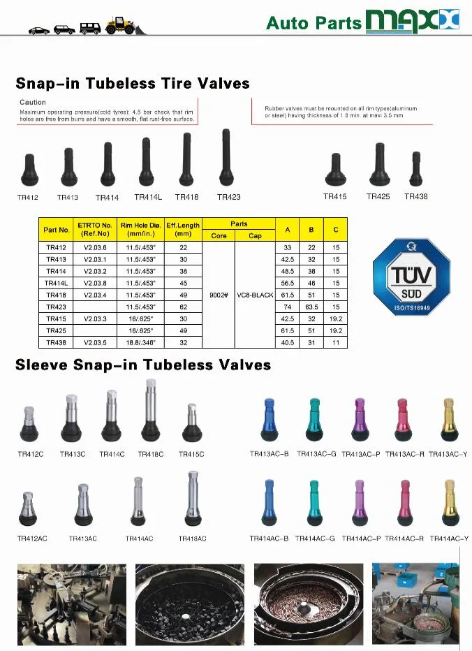 Snap-in Tire Valves Tr413 Tr414 Tyre Consumables Brass Tyre Valve Stem Schrader Valve Aluminum Alloy Tubeless Tire Valve