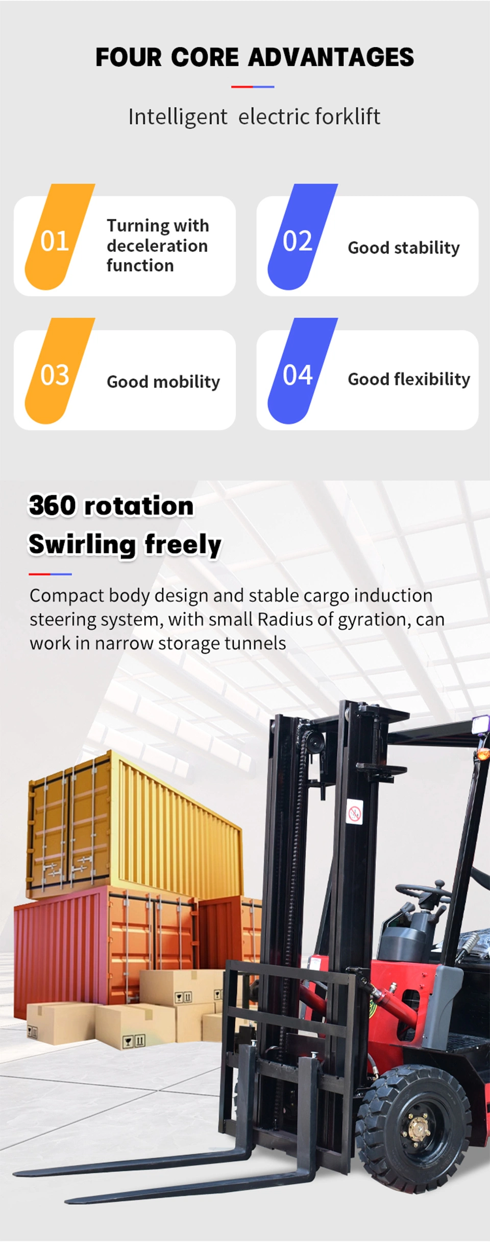 Seat Mounted All Electric Forklift with Lithium Battery, 2-Ton Four-Wheel Balance Weight