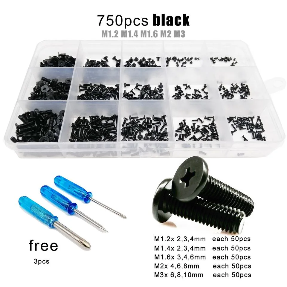 750PCS/Box M1.2 M1.4 M1.6 M2 M3 Black Steel Micro Small Cross Phillips Ultra Thin Flat Wafer Head Screw Bolt Set Assortment Kit