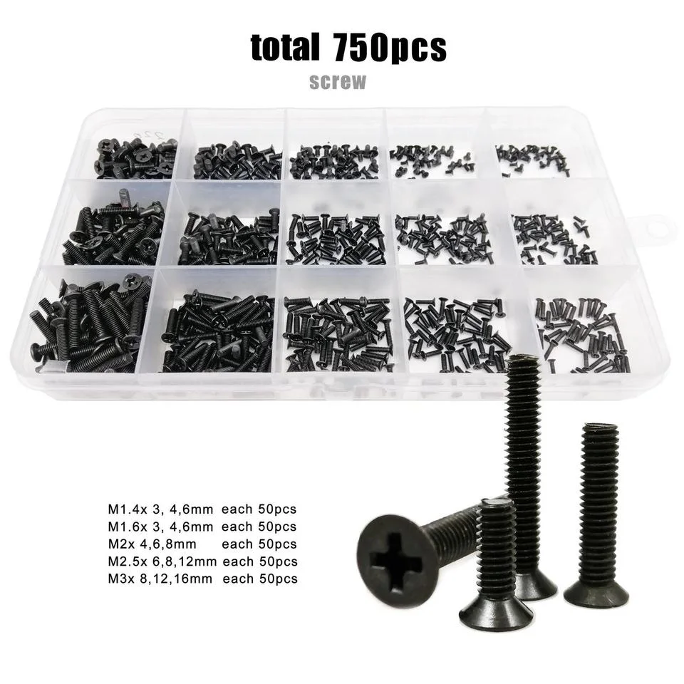 750PCS/Box M1.2 M1.4 M1.6 M2 M3 Black Steel Micro Small Cross Phillips Ultra Thin Flat Wafer Head Screw Bolt Set Assortment Kit