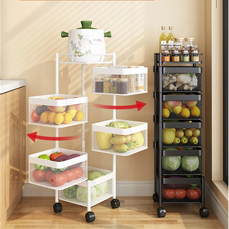 Kitchen Rotating Vegetable Storage Rack Multi-Functional Metal Rolling Cart