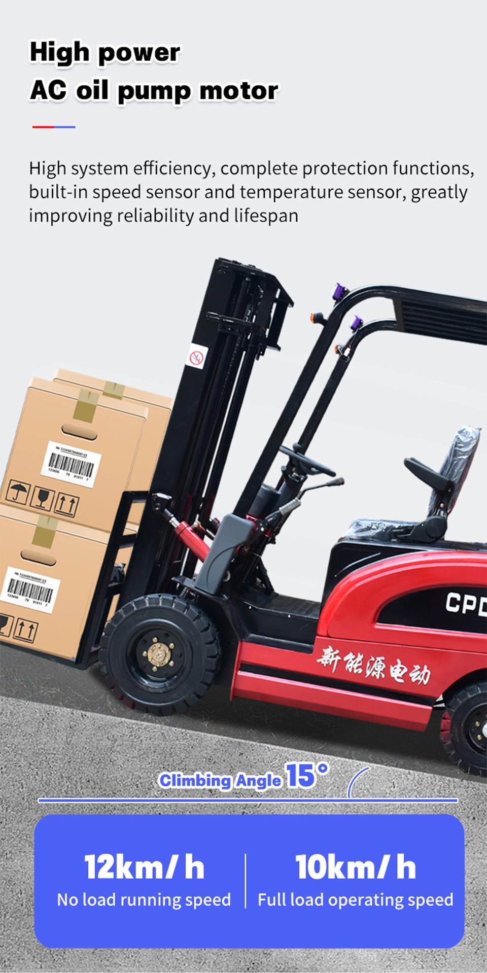 Seat Mounted All Electric Forklift with Lithium Battery, 2-Ton Four-Wheel Balance Weight