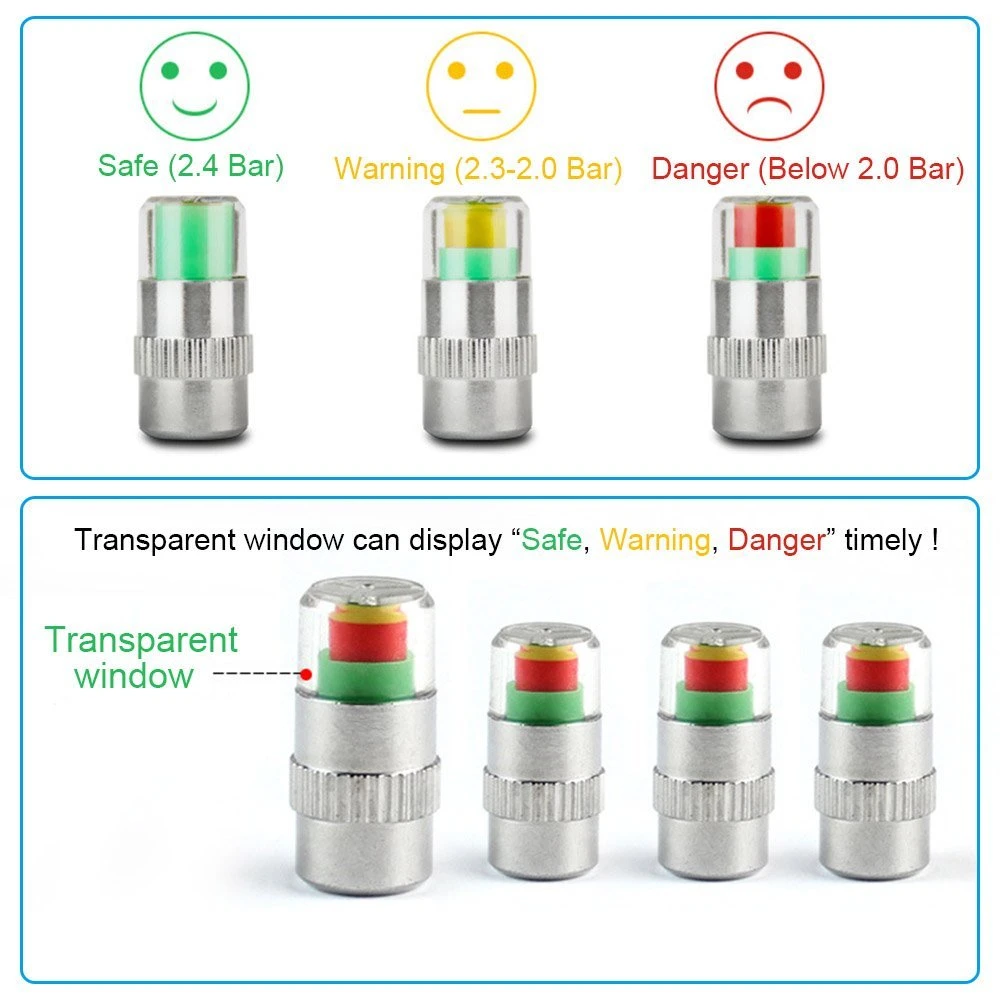 34 Psi Car Tire Pressure Monitor Valve Cup with Sensor Indicator 3 Color 4PCS Eye Alert Cap