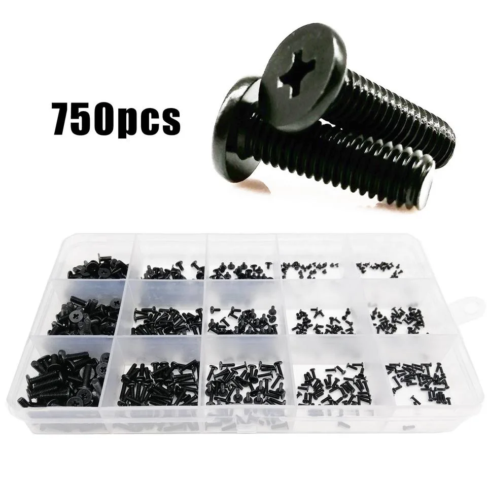 750PCS/Box M1.2 M1.4 M1.6 M2 M3 Black Steel Micro Small Cross Phillips Ultra Thin Flat Wafer Head Screw Bolt Set Assortment Kit