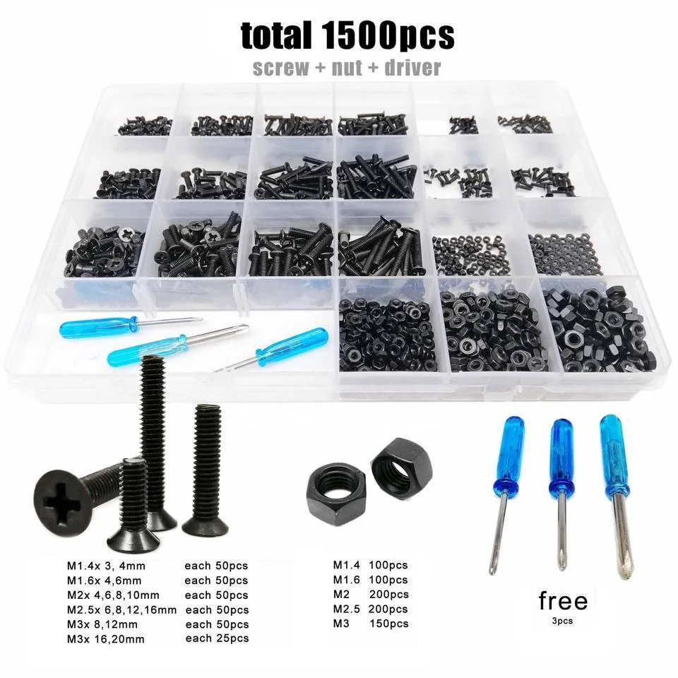 750PCS/Box M1.2 M1.4 M1.6 M2 M3 Black Steel Micro Small Cross Phillips Ultra Thin Flat Wafer Head Screw Bolt Set Assortment Kit