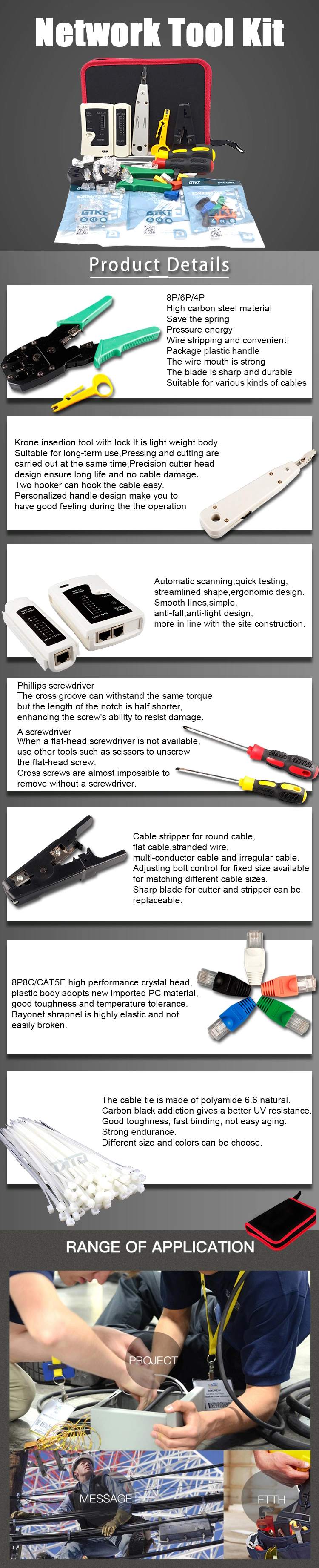 Gcabling LAN Tester Krone Insertion Tool Hand Crimping RJ45 Connector Network Tool Kit