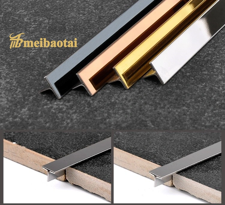 304 201 Decorative Stainless Steel Tile Trims Corner Strips of Metal Mirror Hairline Rose Gold T Shape