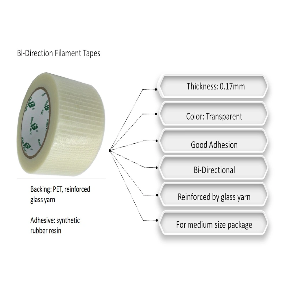 Transparent Fiberglass Pet Tape Reinforced Filament Strapping Tape for Heavy Duty Carton Sealing Packing