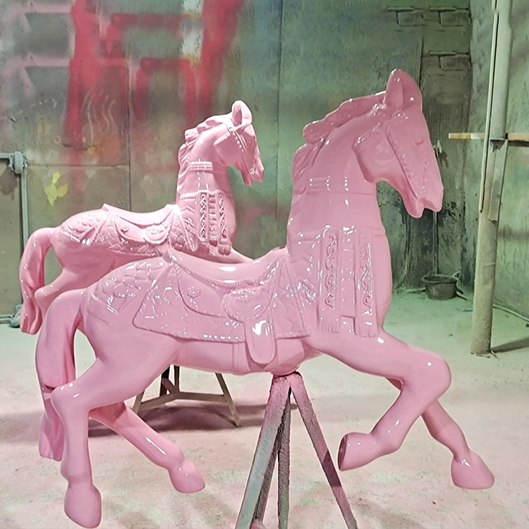 Pink Fiberglass Wooden Carousel Horse Prop Decoration for Outdoor Use