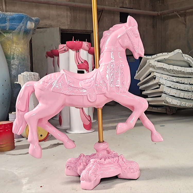 Pink Fiberglass Wooden Carousel Horse Prop Decoration for Outdoor Use