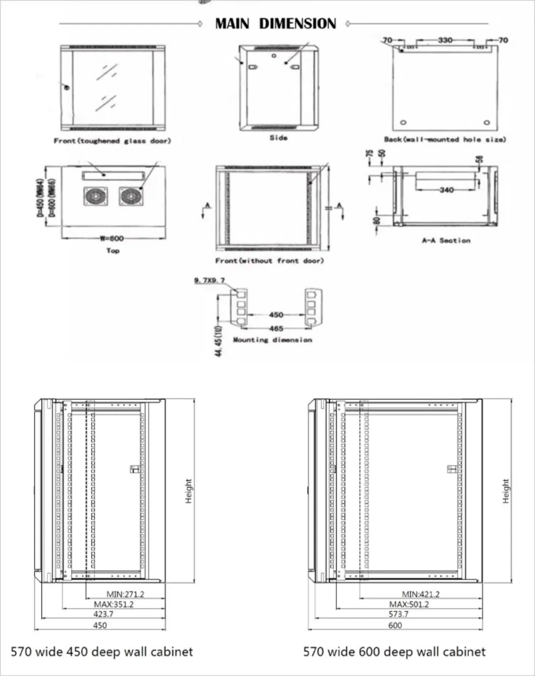 Communication DIY Data 4u 6u 9u 12u 15u 18u 22u Wall Mount Depth 450mm 550mm Server Network Cabinet