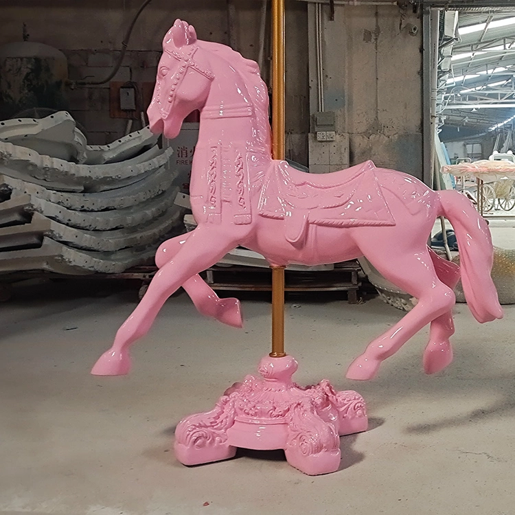 Pink Fiberglass Wooden Carousel Horse Prop Decoration for Outdoor Use