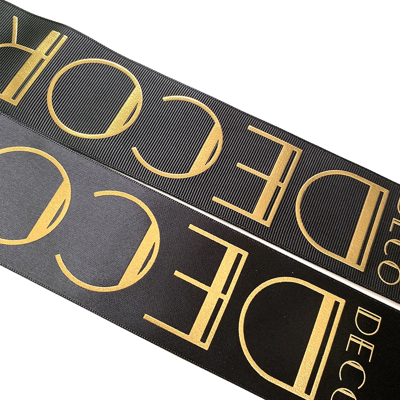 Hot Sale Luxury Custom Logo 2 Inch 3 D Embossed Grosgrain Ribbon Tape Raised Gold Foil Printed Polyester Satin Ribbon