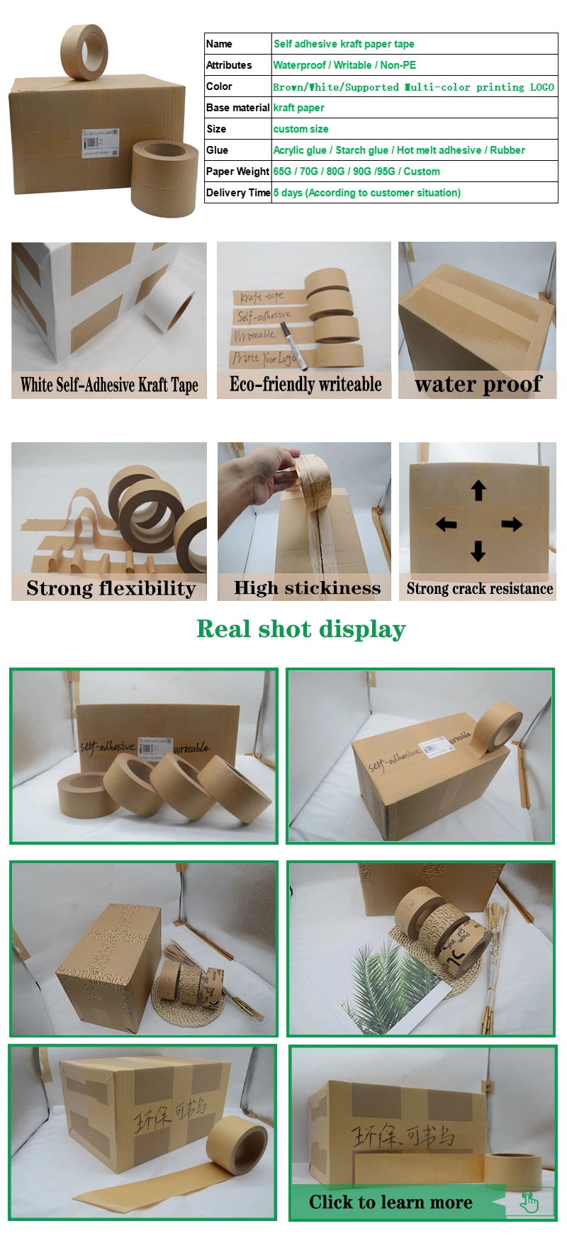 Eco-Friendly Printed Writable Self Adhesive Reinforced Water Activated Kraft Paper Packing Tape