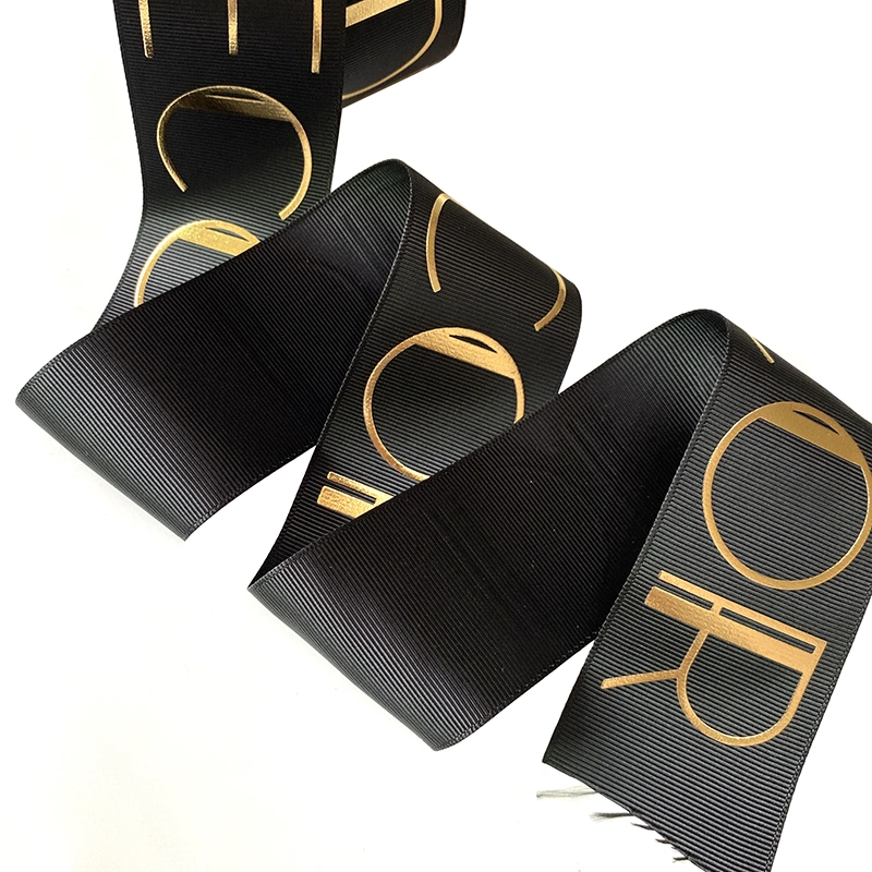 Hot Sale Luxury Custom Logo 2 Inch 3 D Embossed Grosgrain Ribbon Tape Raised Gold Foil Printed Polyester Satin Ribbon