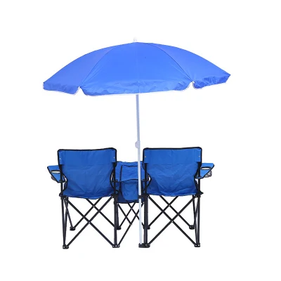Portable Foldable Double Camping Beach Chair with Umbrella and Table Cooler Bag
