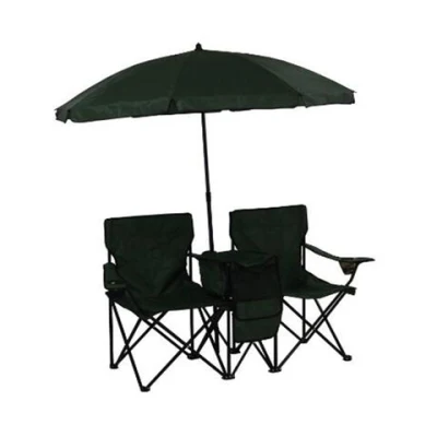 Portable Foldable Double Camping Beach Chair with Umbrella and Table Cooler Bag
