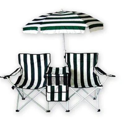 Portable Foldable Double Camping Beach Chair with Umbrella and Table Cooler Bag