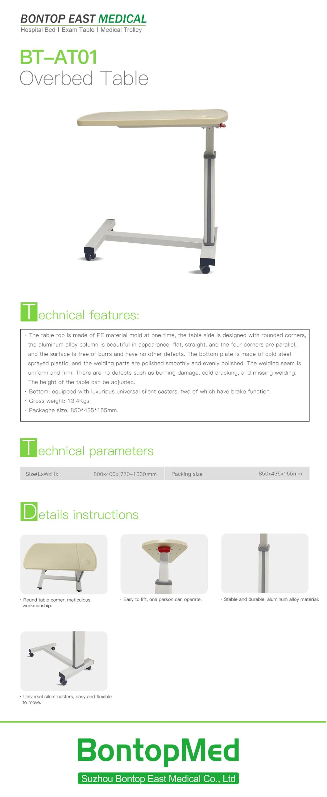 High Quality Hospital Bedside Table Folding Overbed Table Adjustable Over Bed Table
