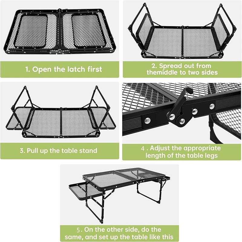 Extension Board Adjustable Height Folding Tables Mesh Top Portable Grill Table for Outdoor Indoor