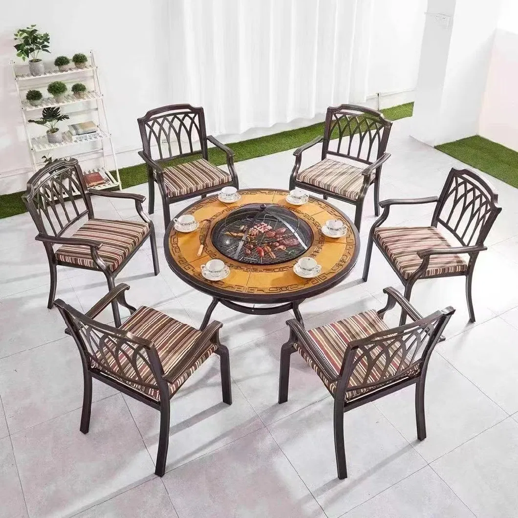 Dali 48&quot; Round Patio Dining Table Set, Cast Aluminum Round Outdoor Table with Umbrella Hole for Outdoor Garden