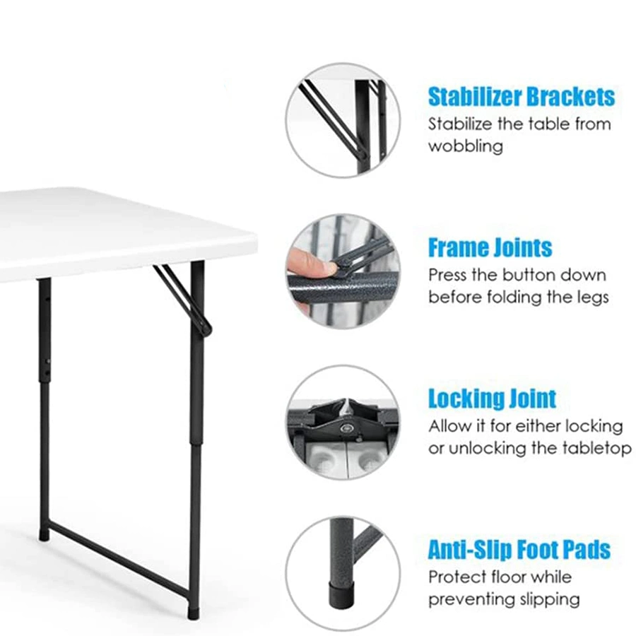 Outdoor Picnic 4FT Fold in Half Top Adjustable Height White Plastic Table