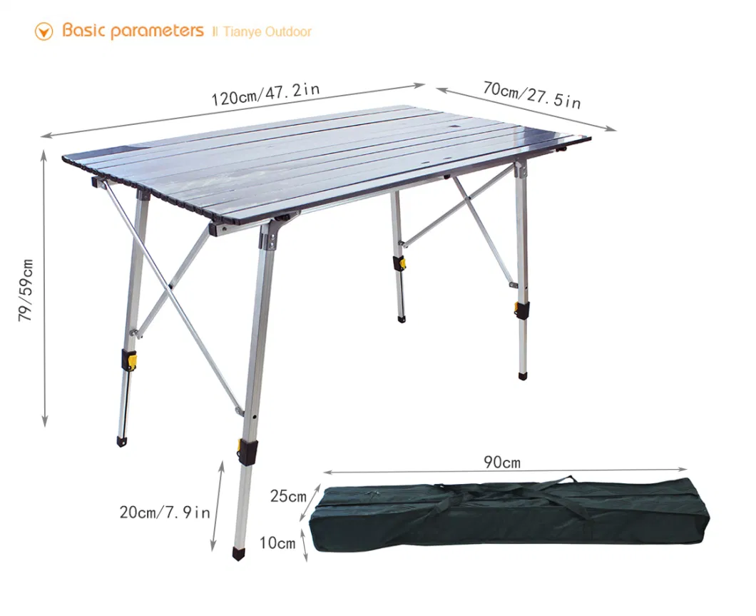 Aluminum Height Adjustable Folding Roll-up Portable Camping Table 3 FT Light Foldable Stainless