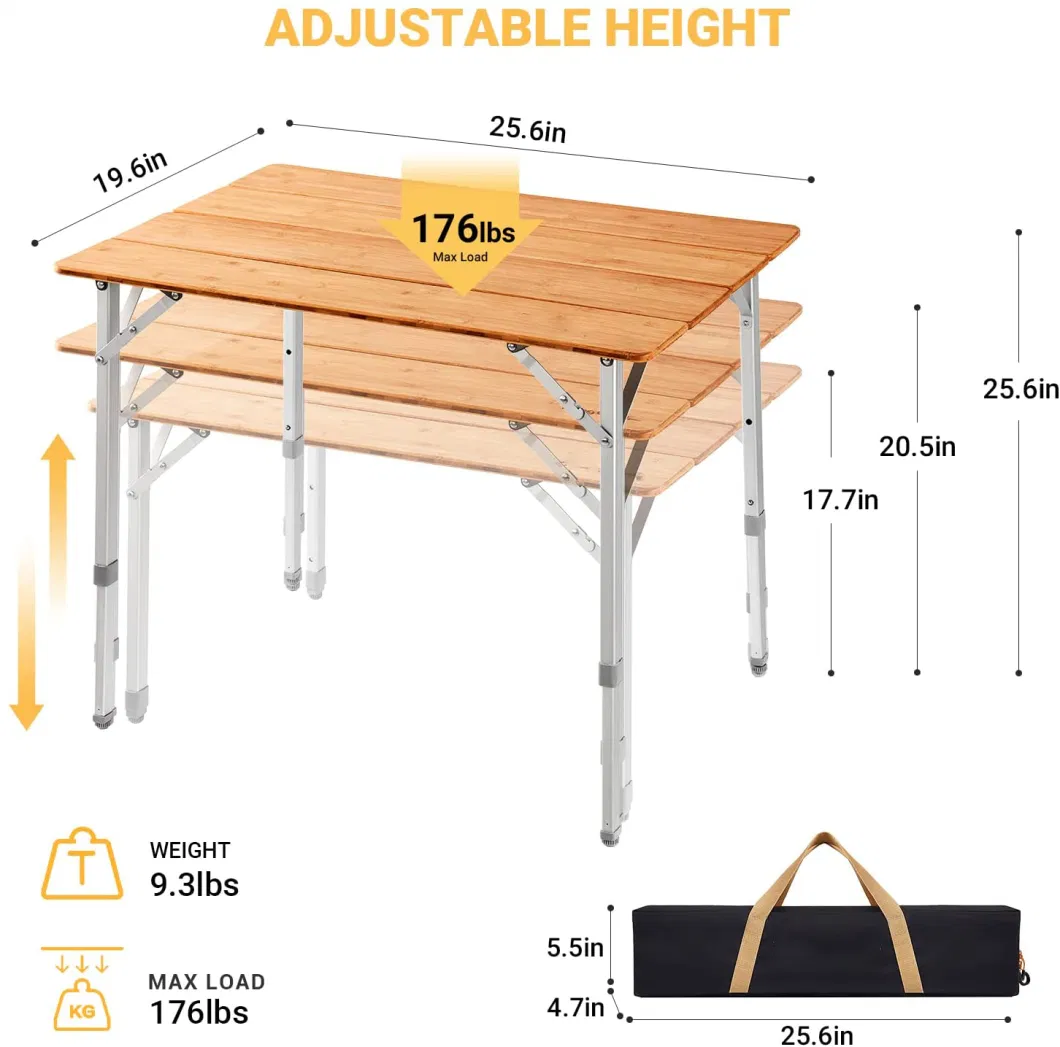 Bamboo Folding Camping Table Height Adjustable Lightweight Outdoor Folding Table Portable Foldable Camp Table with Carry Bag