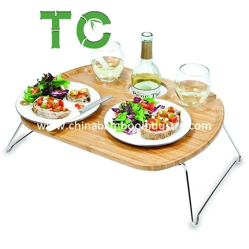 Hotselling Bamboo Picnic Wine Table Foldable Picnic Wine and Snack Table Outdoor Food Serving Tray with Folding Legs