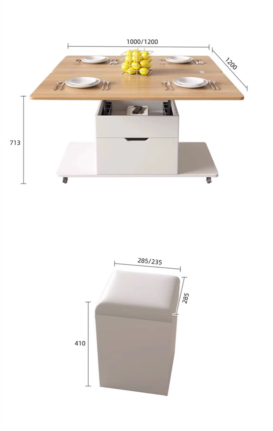 Modern Living Room Furniture Multifunctional Square Extendable Center Table Wooden Folding Coffee Table